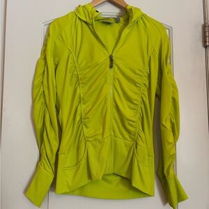 ATHLETA Vibrant Green/Yellow Zip-Up Hoodie with Ruching Front and Back. Medium.